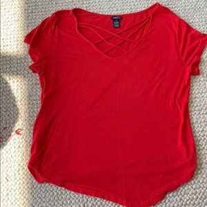 Red T-shirt with crisscross over chest